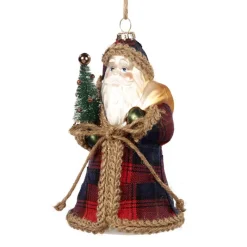 Goodwill Glass Fabric Tartan Santa Ornament TR 27114