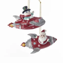 Kurt Adler NYC C7663 Red and Silver Glittered Santa and Snowman In Rocket Ornaments, 2 Assorted