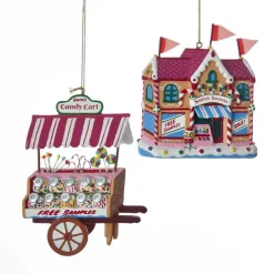 Kurt Adler NYC D3240 Candy Cart and Candy Store Ornaments, 2 Assorted