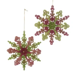 Kurt Adler NYC T2319 Red, Green and Gold Glitter Snowflake, 2 Assorted